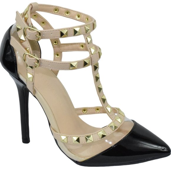 Wild Diva Women Stiletto Heels Pointy Studded Pumps Strap Black Patent ADORA-119 - Picture 1 of 3